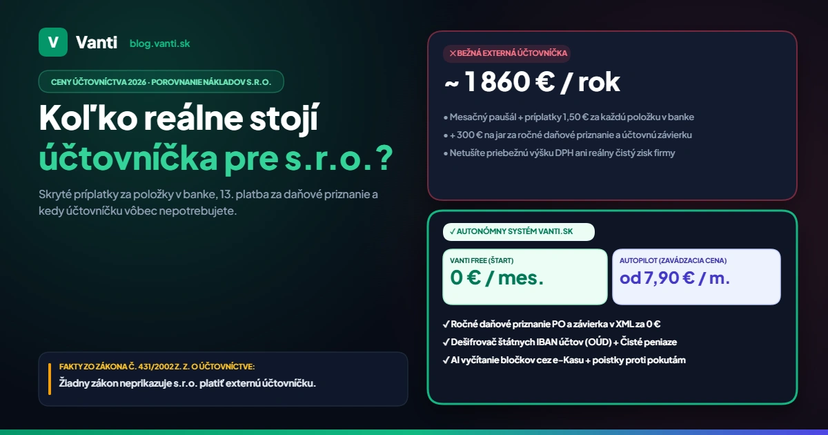 Porovnanie ročnej ceny externej účtovníčky pre s.r.o. (1 860 €) a autonómneho online účtovníctva Vanti.sk od 0 €